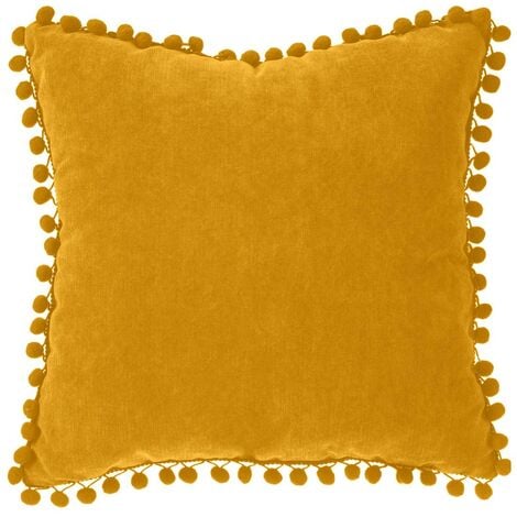 Cuscino con nappe giallo senape 40x40cm - cuscino quadrato pom-pom, ocra,  40x40 cm, sfoderabile, finiture pom