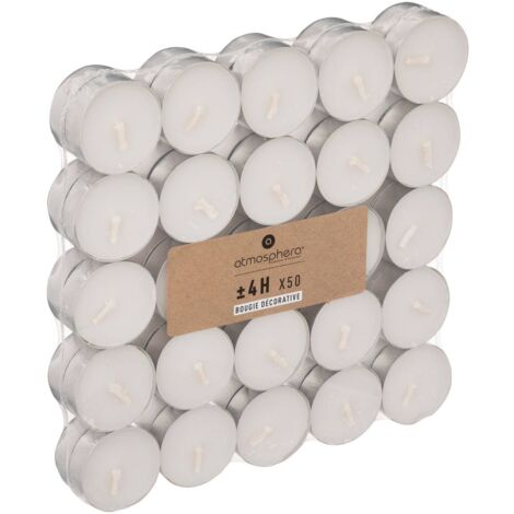 Confezione da 50 candele many bianche 11g - durata 4 ore, cera bianca,  dimensioni 4,1x4,5