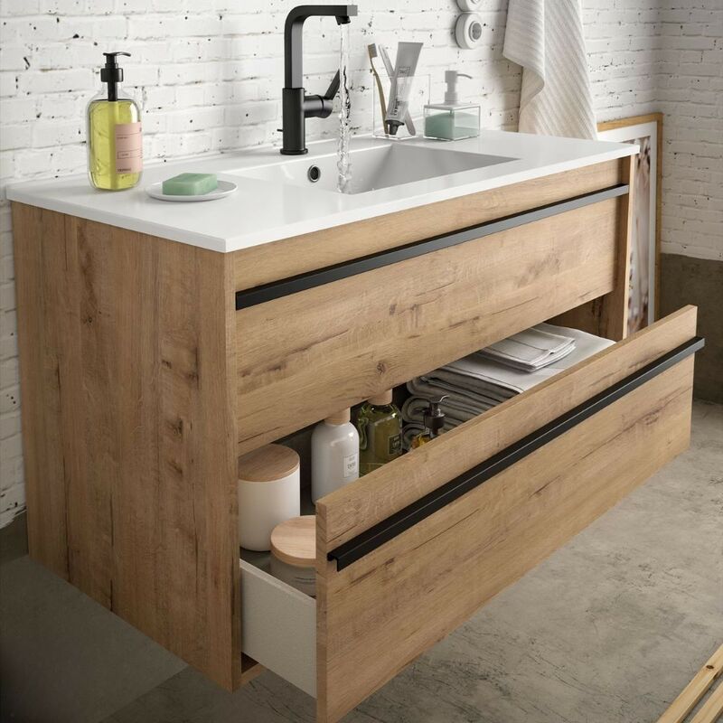 Mobile Bagno Sospeso fabula 2 Cassetti Bianco E Rovere, 90x47x57