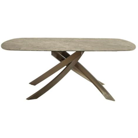 Tavolo ovale piano ceramica marrone senna lucido Borbone 180x90x76h gambe ottone