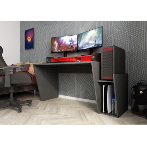 Yoobure Scrivania Da Gioco A L Con Pannello Forato, Luci LED E Prese – Cassetti, Ripiani E Supporto Monitor – Reversibile Per Casa E Ufficio