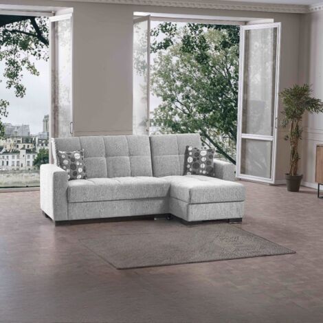 Divano Letto Con Penisola Destra In Tessuto Grigio | 254x193x88 Cm | Con Pouf E Contenitore
