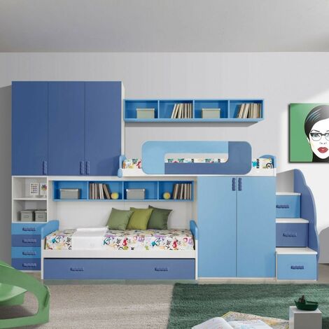 Cameretta soppalco con 3 letti Catania colore bianco e blu