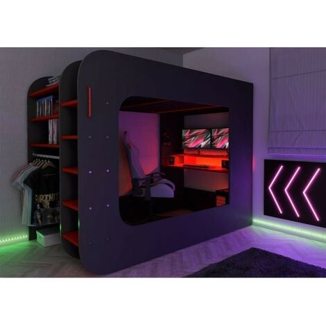 Letto a soppalco con postazione gamer colore antracite rosso 5000