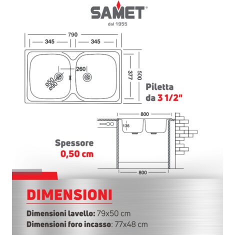 Lavello incasso cucina acciaio 79x50 cm due vasche Classic 170