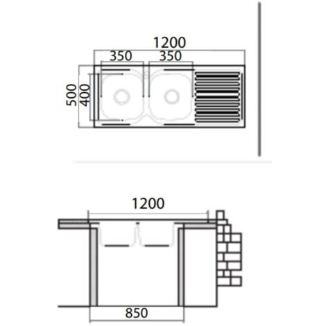 Lavello cucina acciaio appoggio 120x50 cm doppia vasca e gocciolatoio destro SA127DX