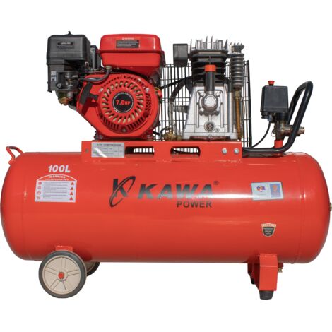 Kawapower Compresseur d’air à courroies avec moteur essence – 7 HP, 100 L, 250 L/min, 8 BAR