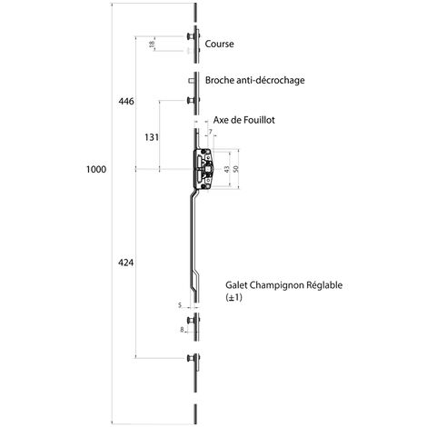 Crémone à galets champignons pour coulissant PVC – Verrouillage efficace avec galets réglables – Boîtier carré 7mm – Entraxe 43mm – Roto