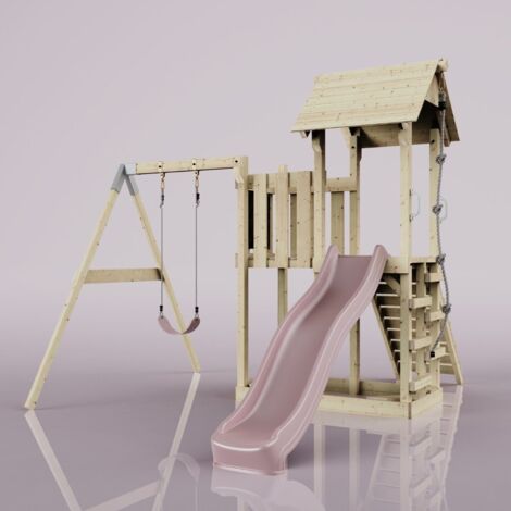 PolarPlay Balcony Tower Kids Wooden Climbing Frame - Swing Bjorn Rose (1/5)
