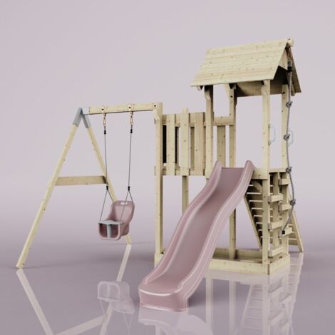 PolarPlay Balcony Tower Kids Wooden Climbing Frame - Swing Calder Rose