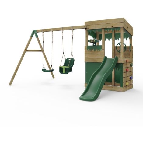 Rebo Wooden Lookout Tower Playhouse with 6ft Slide & Swings - Zion