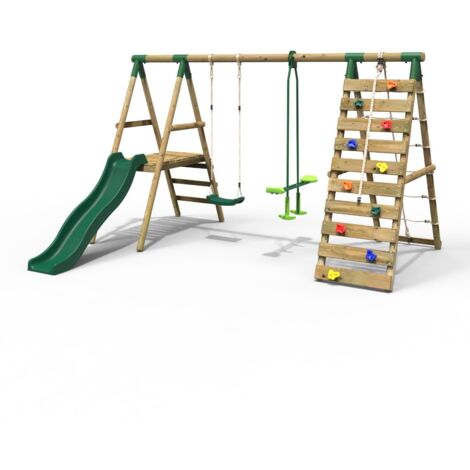 Rebo Wooden Swing Set with Deck and Slide plus Up and Over Climbing Wall - Obsidian Green