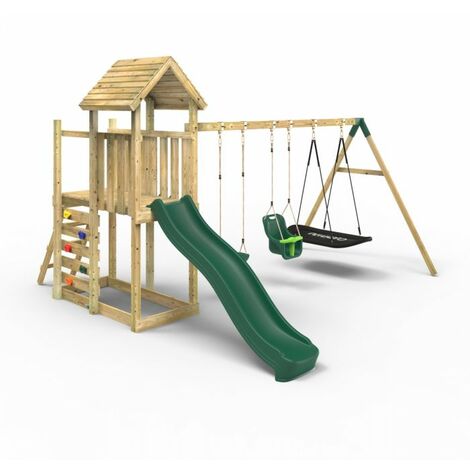 Rebo Extended Tower Wooden Climbing Frame with Swings & Slide - Snowdon