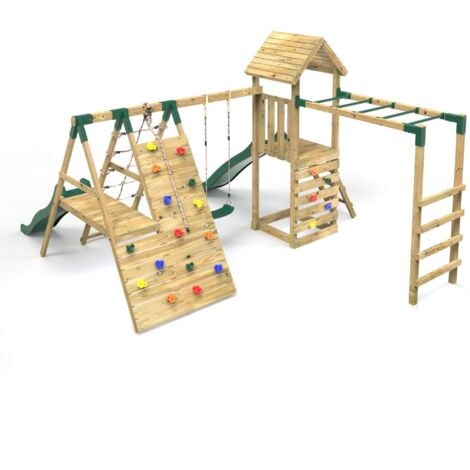 Rebo Wooden Climbing Frame with Swings, 2 Slides, Up & over Climbing wall and Monkey Bars - Brecon