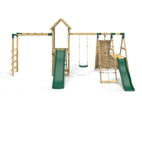Rebo Wooden Climbing Frame with Swings, 2 Slides, Up & over Climbing wall and Monkey Bars - Brecon
