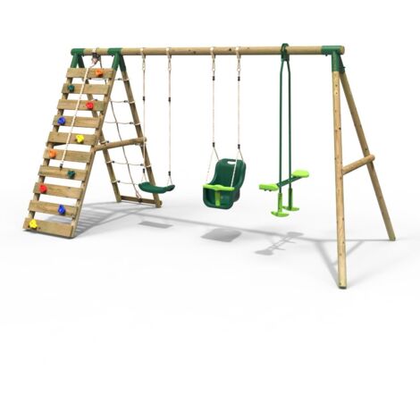 Rebo Wooden Swing Set with Up and Over Climbing Wall - Sienna Green (1/5)