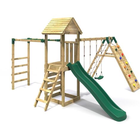 Rebo Wooden Climbing Frame with Swings, Slide, Up & over Climbing wall and Monkey Bars - Dolomite