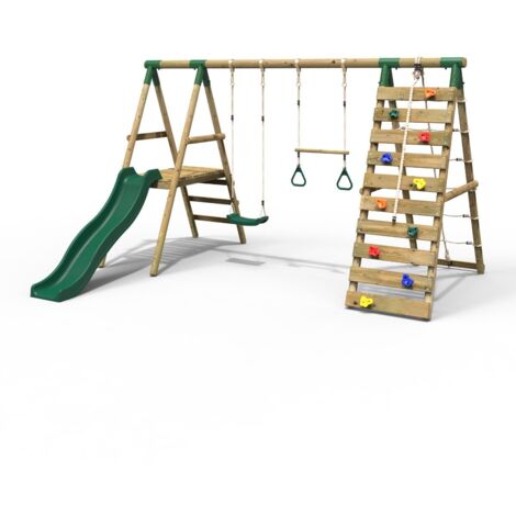 Rebo Wooden Swing Set with Deck and Slide plus Up and Over Climbing Wall - Jasper Green