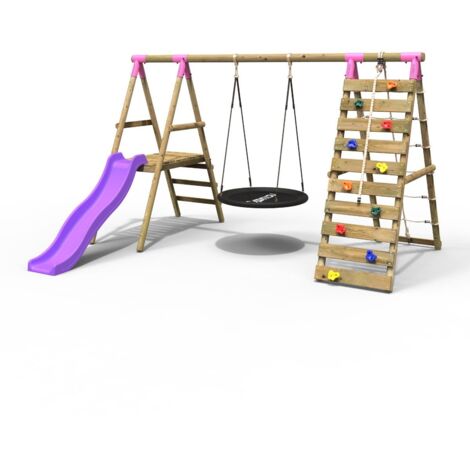 Rebo Wooden Swing Set with Deck and Slide plus Up and Over Climbing Wall - Pyrite Pink