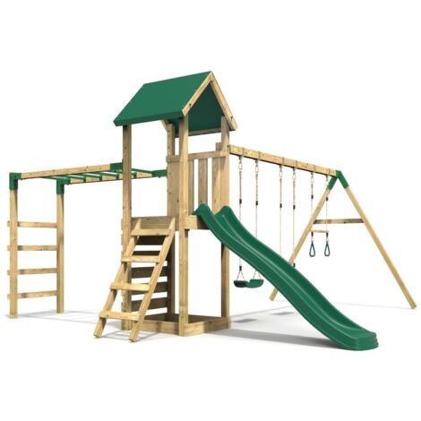 Rebo Adventure Wooden Climbing Frame with Monkey Bar, Swings & Slide - Pelion