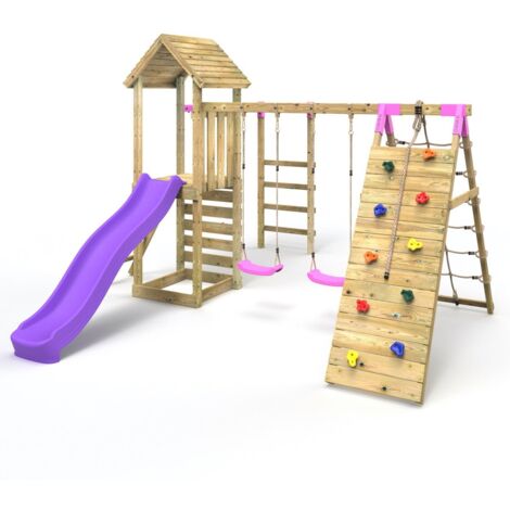 Rebo Wooden Climbing Frame with Swings, Slide, Up & over Climbing wall and Monkey Bars - Dolomite Pink