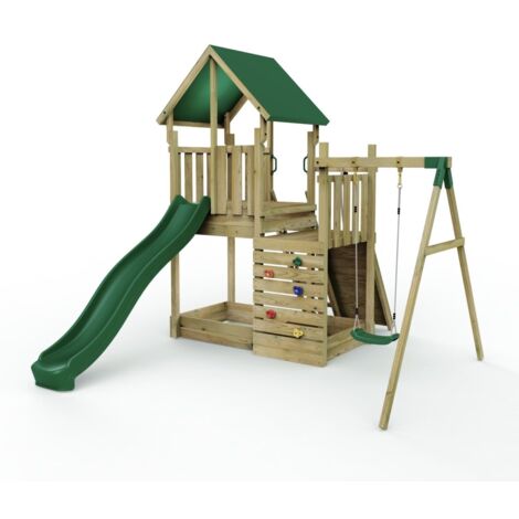Rebo Modular Wooden Climbing Frame Adventure Playset - M3 plus Ramp & Single Swing