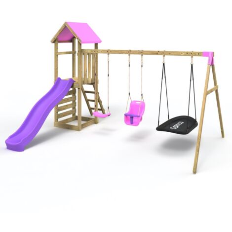 Rebo Adventure Wooden Climbing Frame, Swing Set and Slide - Snowdon Pink