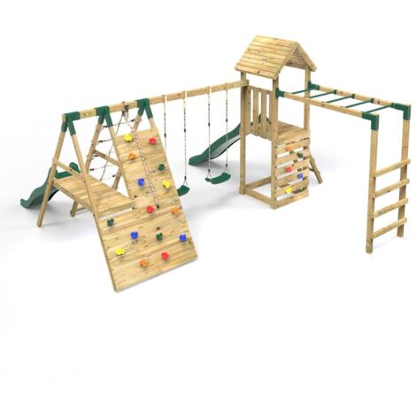 Rebo Wooden Climbing Frame with Swings, 2 Slides, Up & over Climbing wall and Monkey Bars - Pennine
