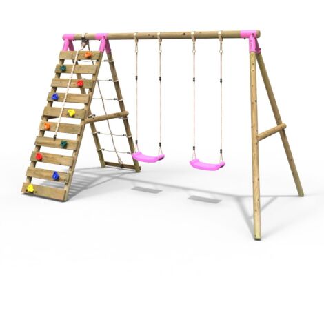 Rebo Wooden Swing Set with Up and Over Climbing Wall - Ela Pink