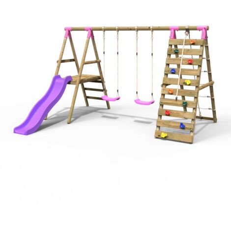 Rebo Wooden Swing Set with Deck and Slide plus Up and Over Climbing Wall - Jade Pink