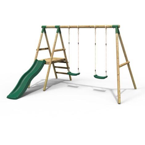 Rebo Gemini Wooden Garden Swing Set with 2 Swings, Platform and Slide - Green