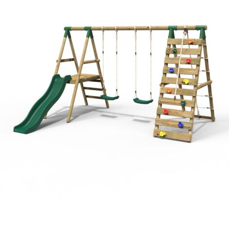 Rebo Wooden Swing Set with Deck and Slide plus Up and Over Climbing Wall - Jade Green