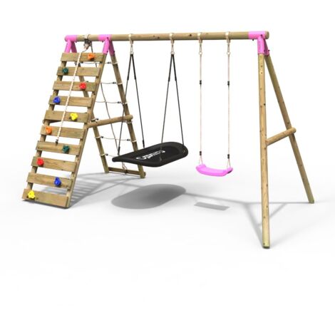 Rebo Wooden Swing Set with Up and Over Climbing Wall - Sage Pink