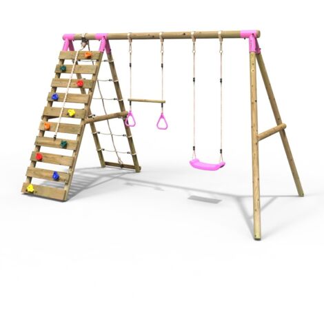 Rebo Wooden Swing Set with Up and Over Climbing Wall - Savannah Pink (1/5)