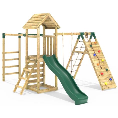 Rebo Wooden Climbing Frame with Swings, Slide, Up & over Climbing wall and Monkey Bars - Carpathian