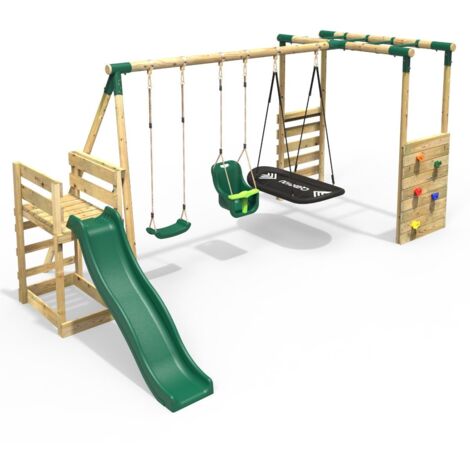 Rebo Wooden Children's Swing Set With Monkey Bars Plus Deck & 6ft Slide ...