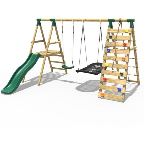 Rebo Wooden Swing Set with Deck and Slide plus Up and Over Climbing Wall - Quartz Green