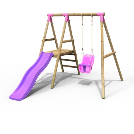 Rebo Cassini Wooden Garden Swing Set with Baby Swing, Platform and Slide - Pink