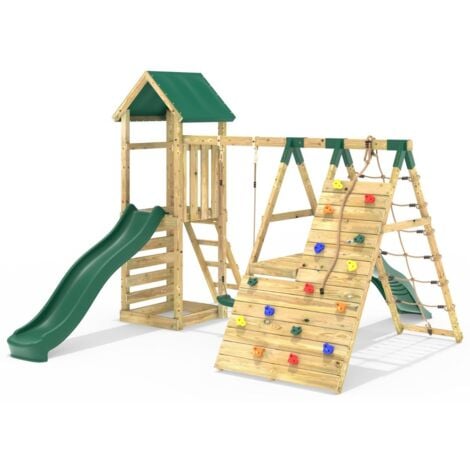 Rebo Wooden Climbing Frame with Swings, 6+8FT Slides & Climbing Wall - Alverstone