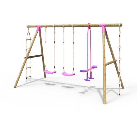 Rebo Wooden Garden Swing Set With 2 Standard Seats, Glider, Climbing ...