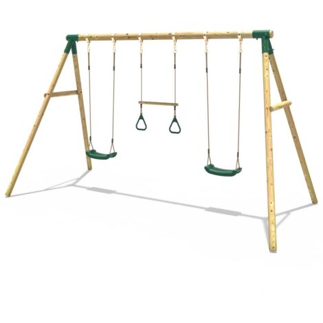 Wooden Garden Swing Set with 2 Swings and Trapeze Bar - Comet Green (1/4)