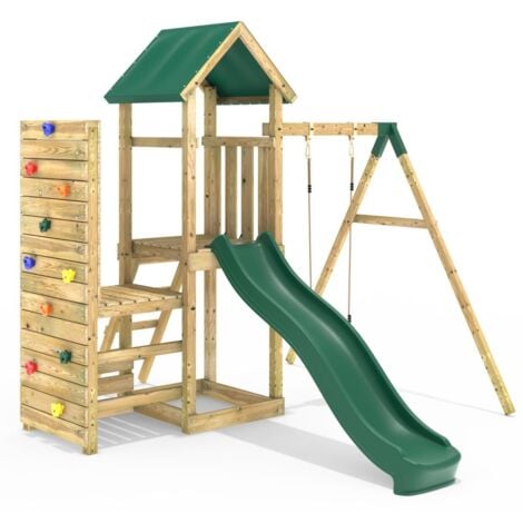 Rebo Wooden Climbing Frame with Vertical Rock Wall, Swing Set and Slide ...