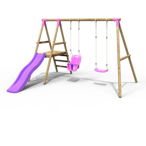 Rebo Odyssey Wooden Garden Swing Set with Standard Seat, Baby Seat, Platform and Slide - Pink