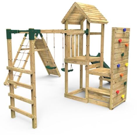 Rebo Wooden Climbing Frame with Vertical Rock Wall, Swing Set and Slide ...