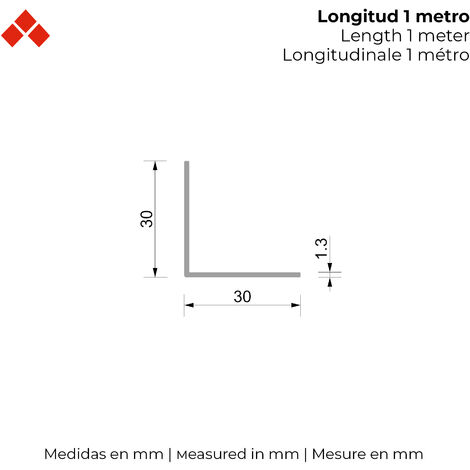 Perfil Angular  Fabricado en Aluminio  Acabado en Anodizado Mate   Medidas 30301000 mm  Longitud del Perfil 1 Metro  Espesor 1 mm  1 Unidad