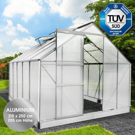 BRAST Gewächshaus Aluminium mit Fundament rostfrei TÜV geprüft 6mm Platten 310x250x205cm Silber