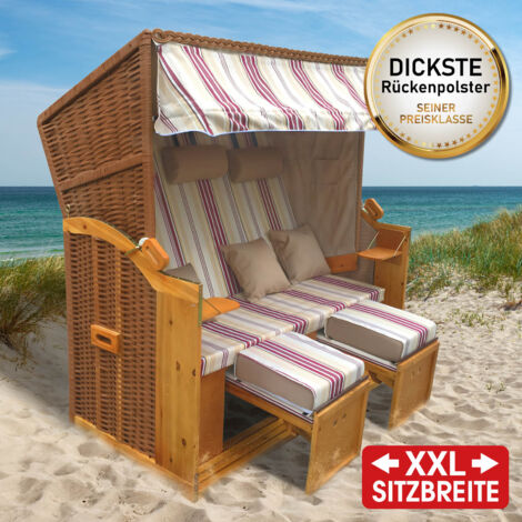 BRAST Strandkorb Usedom 3-Sitzer XXL für 2-3 Personen 165cm breit inkl. wetterfeste Abdeckhaube verstellbare Rückenlehne Fußkissen Rot/Beige - gestreift (1/5)