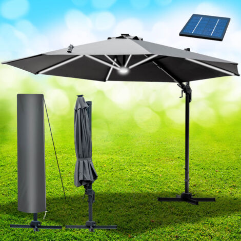 BRAST Alu Sonnenschirm Ampelschirm Ø360cm Grau + LEDs & Schützhülle UV-Schutz 80+ wasserabweisend mit Kurbelvorrichtung drehbar schwenkbar & höhenverstellbar