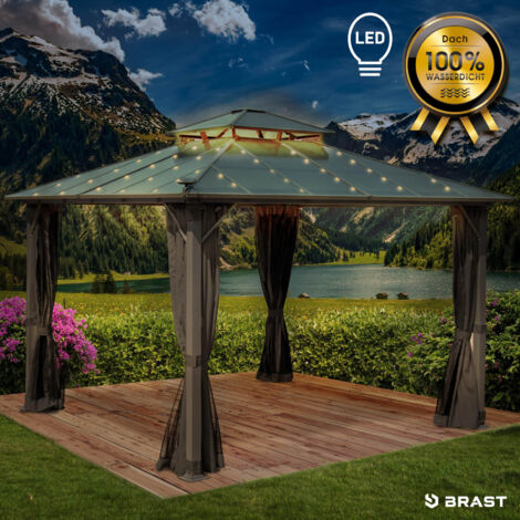 BRAST Pavillon Aluminium Pagode 3,5x3,5m Dunkelgrau inkl. Moskitonetz + LED   festes Dach   wasserdicht   stabil   UV-Schutz