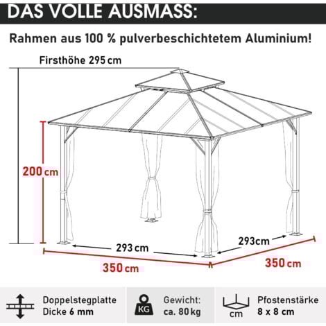 BRAST Pavillon Aluminium Pagode 3,5x3,5m Dunkelgrau inkl.